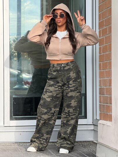 SAYEHFBABY Women's Camouflage Pattern Elastic Waistband Winter Jeans Party Streetwear Jeans