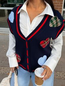 SAYEHFBABY 街头风女式纯色爱心刺绣纽扣无袖毛衣背心，春夏款 - 彩色 - 查看 6
