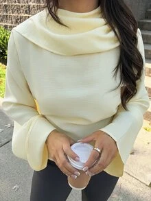 SAYEHFBABY 女士春夏新款休闲装，适合办公室、街头风、约会等各种场合，淡黄色上衣，优雅的披肩领衬衫，后背系带收腰，春夏彩色喇叭袖衬衫，修身显瘦，是工作和休闲场合的时尚百搭之选。 - 鵝黃色 - 查看 7