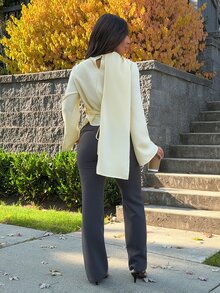 SAYEHFBABY 女士春夏新款休闲装，适合办公室、街头风、约会等各种场合，淡黄色上衣，优雅的披肩领衬衫，后背系带收腰，春夏彩色喇叭袖衬衫，修身显瘦，是工作和休闲场合的时尚百搭之选。 - 鵝黃色 - 查看 3
