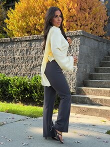 SAYEHFBABY 女士春夏新款休闲装，适合办公室、街头风、约会等各种场合，淡黄色上衣，优雅的披肩领衬衫，后背系带收腰，春夏彩色喇叭袖衬衫，修身显瘦，是工作和休闲场合的时尚百搭之选。 - 鵝黃色 - 查看 5