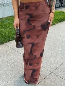 SAYEHFBABY 女士优雅混搭弹力网纱紧身开衩长裙，棕色混纺网纱裙，开衩裙，冬季女装，冬季，夏季，圣诞节，新年，感恩节，派对，海滩，毕业典礼，优雅，正式，女士正装，性感，度假，女士度假装，时尚休闲通勤装，商务办公装，百搭时尚日常休闲装，都市教师职业装 - 彩色 - 查看 6