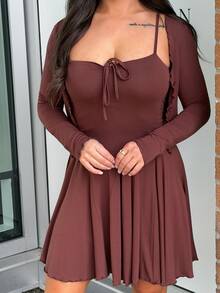 SAYEHFBABY 女士优雅纯色连衣裙和开衫两件套家居服套装 - 棕色 - 查看 6