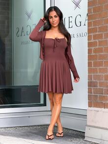 SAYEHFBABY 女士优雅纯色连衣裙和开衫两件套家居服套装 - 棕色 - 查看 1