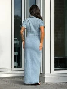SAYEHFBABY Ladies' Sexy Stretchy Denim Dress, Short Sleeve V-Neck Bodycon Dress, Blue - Light Wash - View 3