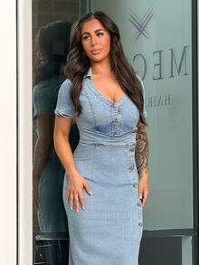 SAYEHFBABY Ladies' Sexy Stretchy Denim Dress, Short Sleeve V-Neck Bodycon Dress, Blue - Light Wash - View 5