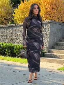 SAYEHFBABY Black Coffee Abstract Print Long Sleeve Fitted Dress For Women Turtle Neck Long Sleeve Rave Night Autumn Sexy - Black - View 3
