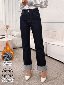 Easowa Women's Casual Versatile Daily Travel Denim Jeans With Pocket And Button - Blue - View 3