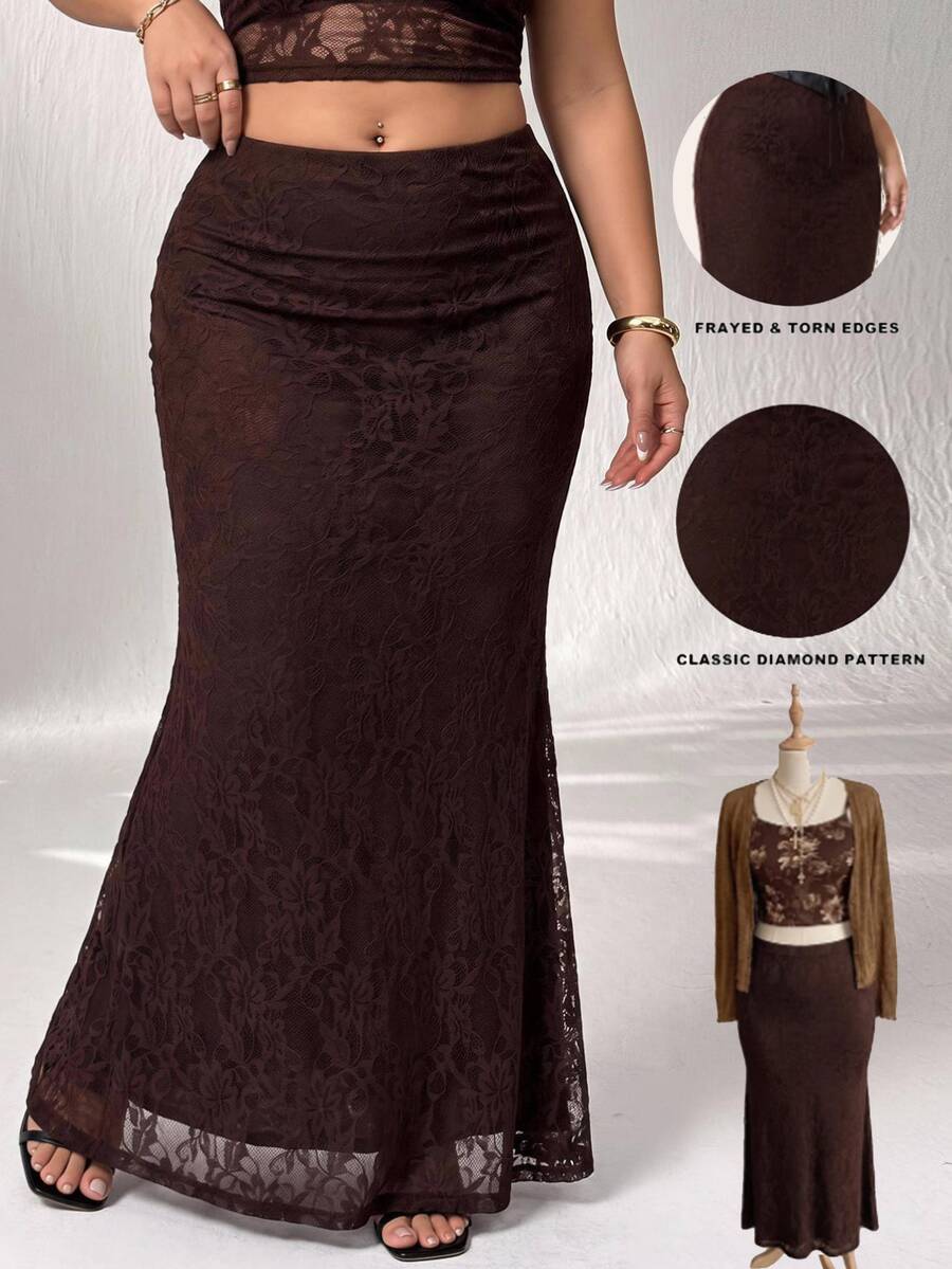 Comfortcana Plus Size Women's Minimalist Elegant Solid Color Mermaid Skirt Fall - Brown - View 1