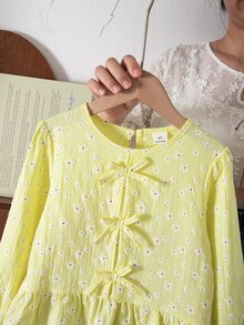 Sweet Country 秋季女童兩件套：黃色提花長袖上衣配蝴蝶結與3D花朵裝飾牛仔褲，適合日常穿著、購物與外出 - 黃色 - 查看 5