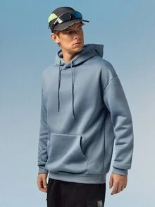 Caldwick Men's Solid Color Drop Shoulder Long Sleeve Drawstring Pocket Casual Hoodie, Autumn/Winter, Back To School Season - Baby Blue - View 4