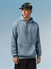 Caldwick Men's Solid Color Drop Shoulder Long Sleeve Drawstring Pocket Casual Hoodie, Autumn/Winter, Back To School Season - Baby Blue - View 6