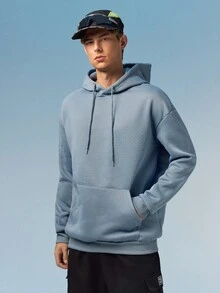 Caldwick Men's Solid Color Drop Shoulder Long Sleeve Drawstring Pocket Casual Hoodie, Autumn/Winter, Back To School Season - Baby Blue - View 5