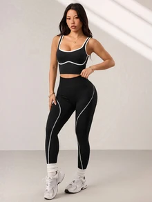 Dewbera Dewbera 2件組女款黑白無縫緊身瑜伽健身背心高腰對比色運動跑步緊身褲運動套裝健身房夏季運動性感 - 黑色 - 查看 2
