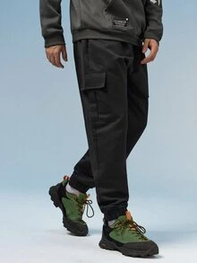 Caldwick 男士休闲户外工装裤，纯色踝部系带抽绳多口袋七分裤，简约百搭，弹性腰带，适合作为送给丈夫或男友的礼物，黑色春季运动款 - 黑色 - 查看 1
