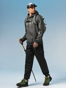 Caldwick 男士休闲户外工装裤，纯色踝部系带抽绳多口袋七分裤，简约百搭，弹性腰带，适合作为送给丈夫或男友的礼物，黑色春季运动款 - 黑色 - 查看 2
