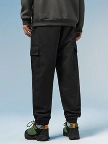 Caldwick 男士休闲户外工装裤，纯色踝部系带抽绳多口袋七分裤，简约百搭，弹性腰带，适合作为送给丈夫或男友的礼物，黑色春季运动款 - 黑色 - 查看 3
