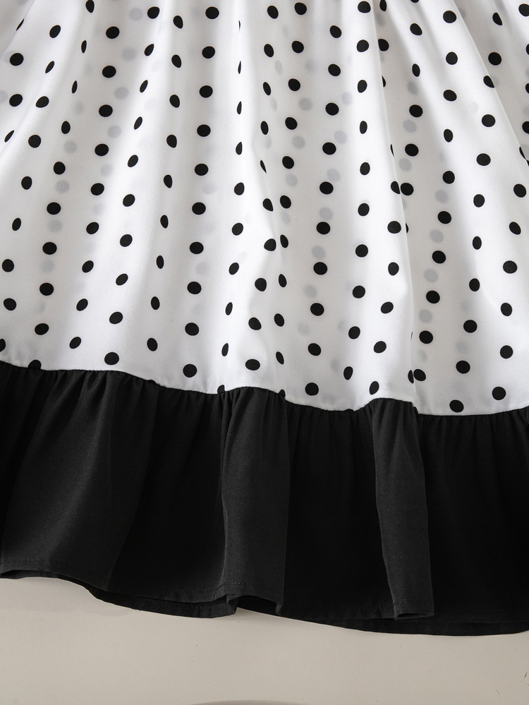 Emery Rose Kids Emery Rose Kids Kids Young Girl Halloween Woven Contrast Color Polka Dot Round Neck Casual Dress Black Dress Halloween Dress - Black and White - View 9