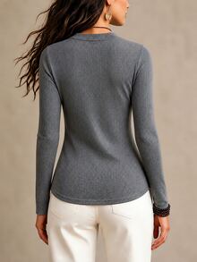 SHEIN Women's Autumn/Winter Semi-High Neck Knitted Sweater, Slim Fit Ribbed Solid Color Pullover With Zipper Detail - Dark Grey - View 2