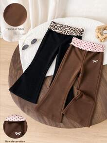 SHEIN Vintaside Kids 2025夏季新款女嬰2件式休閒舒適套裝，咖啡色與黑色，可愛蝴蝶結開衩長褲，Long Lake休閒長褲 - 咖啡棕 - 查看 4