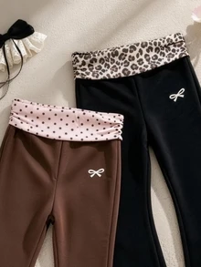 SHEIN Vintaside Kids 2025夏季新款女嬰2件式休閒舒適套裝，咖啡色與黑色，可愛蝴蝶結開衩長褲，Long Lake休閒長褲 - 咖啡棕 - 查看 5