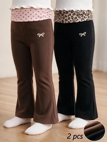 SHEIN Vintaside Kids 2025夏季新款女嬰2件式休閒舒適套裝，咖啡色與黑色，可愛蝴蝶結開衩長褲，Long Lake休閒長褲 - 咖啡棕 - 查看 6