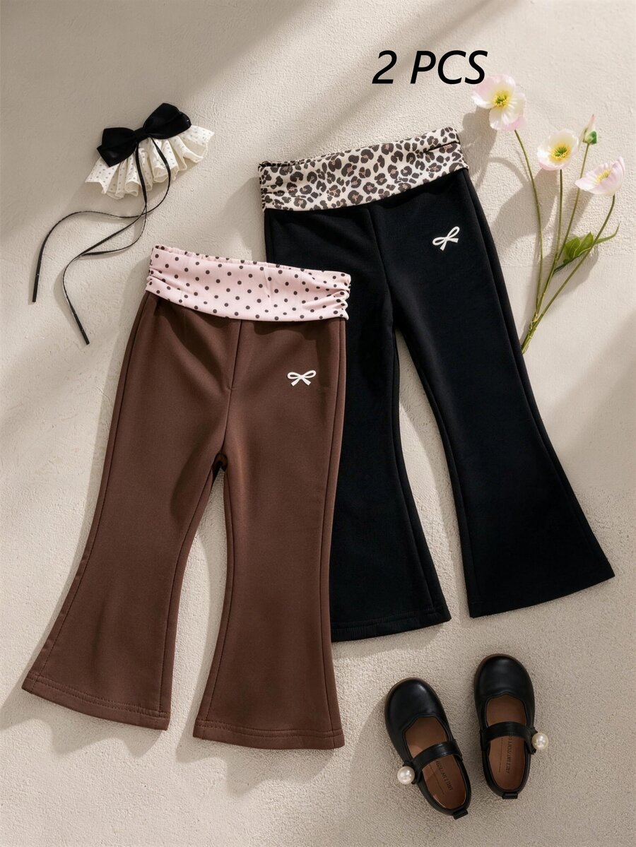 SHEIN Vintaside Kids 2025夏季新款女嬰2件式休閒舒適套裝,咖啡色與黑色,可愛蝴蝶結開衩長褲,Long Lake休閒長褲 - 咖啡棕 - 查看 1