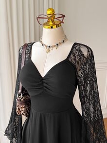 Comfortcana Plus Size Autumn/Winter Lace Patchwork Long Sleeve Dress Fall - Black - View 7