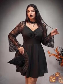 Comfortcana Plus Size Autumn/Winter Lace Patchwork Long Sleeve Dress Fall - Black - View 5