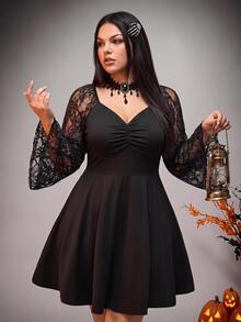 Comfortcana Plus Size Autumn/Winter Lace Patchwork Long Sleeve Dress Fall - Black - View 3