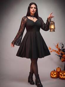 Comfortcana Plus Size Autumn/Winter Lace Patchwork Long Sleeve Dress Fall - Black - View 2