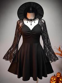 Comfortcana Plus Size Autumn/Winter Lace Patchwork Long Sleeve Dress Fall - Black - View 1