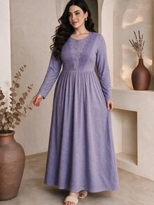 Al Najma Plus Size Women's Contrast Lace Button Design Long Sleeve Elegant Dress - Purple - View 3