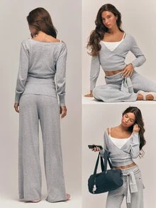 GLOWMODE Knit Blend Graceful Glow Deep V-Neck Surplice Long Sleeve Sweater Top With Ribbed Hem & Cuffs Barre Ballet Daily Casual Balletcore - Light Grey - View 9