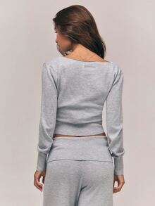 GLOWMODE Knit Blend Graceful Glow Deep V-Neck Surplice Long Sleeve Sweater Top With Ribbed Hem & Cuffs Barre Ballet Daily Casual Balletcore - Light Grey - View 4