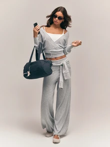 GLOWMODE Knit Blend Graceful Glow Deep V-Neck Surplice Long Sleeve Sweater Top With Ribbed Hem & Cuffs Barre Ballet Daily Casual Balletcore - Light Grey - View 6