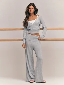 GLOWMODE Knit Blend Graceful Glow Deep V-Neck Surplice Long Sleeve Sweater Top With Ribbed Hem & Cuffs Barre Ballet Daily Casual Balletcore - Light Grey - View 8