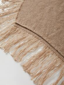 SHEIN Fall Solid Heather Knit High Turtleneck Irregular Hem Tassel Fringe Cape Poncho Outerwear Shawl - Brown - View 5