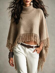 SHEIN Fall Solid Heather Knit High Turtleneck Irregular Hem Tassel Fringe Cape Poncho Outerwear Shawl - Brown - View 2