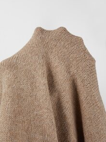 SHEIN Fall Solid Heather Knit High Turtleneck Irregular Hem Tassel Fringe Cape Poncho Outerwear Shawl - Brown - View 8