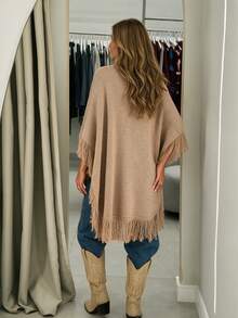 SHEIN Fall Solid Heather Knit High Turtleneck Irregular Hem Tassel Fringe Cape Poncho Outerwear Shawl - Brown - View 3