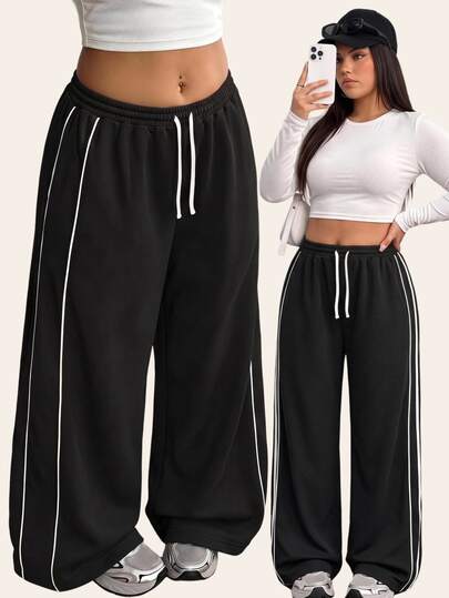 Comfortcana Plus Size Casual Streetwear Versatile Wide Leg Sweatpants Vacation Beach Black And White Fall