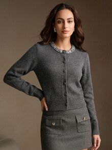 Anewsta Cardigan Rajut Lembut Warna Polos Campuran Wol Elegan untuk Musim Gugur/Dingin dengan Kerah Bertabur Kristal - Dark Grey - View 1