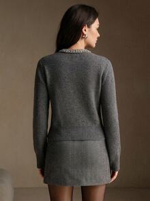 Anewsta Cardigan Rajut Lembut Warna Polos Campuran Wol Elegan untuk Musim Gugur/Dingin dengan Kerah Bertabur Kristal - Dark Grey - View 6