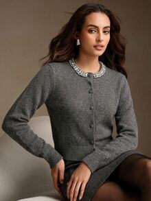 Anewsta Cardigan Rajut Lembut Warna Polos Campuran Wol Elegan untuk Musim Gugur/Dingin dengan Kerah Bertabur Kristal - Dark Grey - View 2
