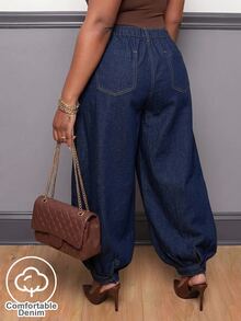 Slaydiva Celana Jeans Denim Model Lentera Kasual Longgar Pinggang Tinggi untuk Wanita Ukuran Plus - Biru - View 2