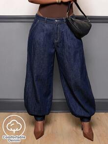 Slaydiva Celana Jeans Denim Model Lentera Kasual Longgar Pinggang Tinggi untuk Wanita Ukuran Plus - Biru - View 4