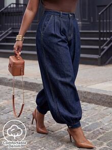 Slaydiva Celana Jeans Denim Model Lentera Kasual Longgar Pinggang Tinggi untuk Wanita Ukuran Plus - Biru - View 5