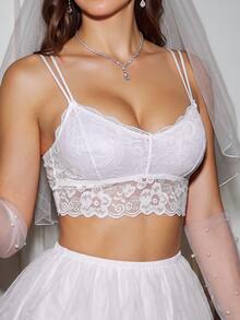 Crystal Vow Romantic French Lace Bralette White, Exaggerated Ruffle Scallop Cami Top, Sexy Women's Plain Slight Stretch Lingerie - White - View 4