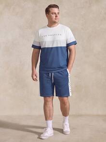 Courvante Plus Size Graffiti Set For Men,White,Baby Blue Color Block King Print Short Sleeve & Shorts 2-Piece Set,Loose Fit Summer Casual Vacation Sportswear - Blue and White - View 1